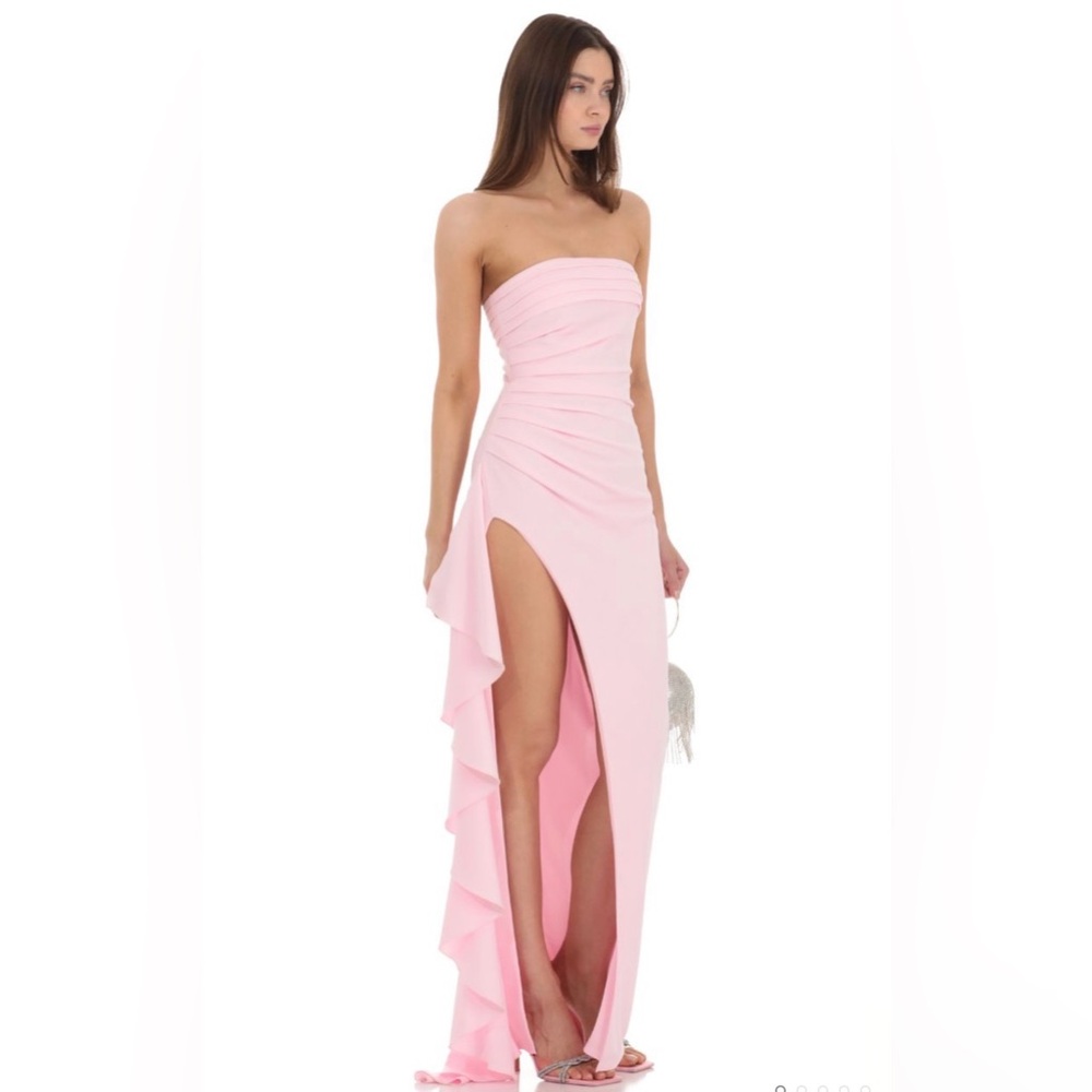 Pink Strapless Ruched Ruffle Maxi Dress